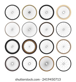 Realistic 3d retro bicycle wheels. Vintage bike rubber tyres, shiny metal spokes and rims. Fitness cycle, touring, sport, road and mountain bike. Vector illustration