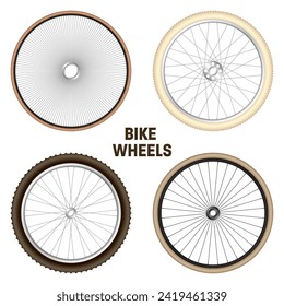 Realistic 3d retro bicycle wheels. Vintage bike rubber tyres, shiny metal spokes and rims. Fitness cycle, touring, sport, road and mountain bike. Vector illustration