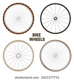 Realistic 3d retro bicycle wheels. Vintage bike rubber tyres, shiny metal spokes and rims. Fitness cycle, touring, sport, road and mountain bike. Vector illustration