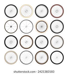 Realistic 3d retro bicycle wheels. Vintage bike rubber tyres, shiny metal spokes and rims. Fitness cycle, touring, sport, road and mountain bike. Vector illustration