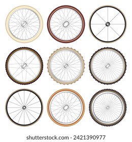 Realistic 3d retro bicycle wheels. Vintage bike rubber tyres, shiny metal spokes and rims. Fitness cycle, touring, sport, road and mountain bike. Vector illustration