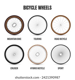 Realistic 3d retro bicycle wheels. Vintage bike rubber tyres, shiny metal spokes and rims. Fitness cycle, touring, sport, road and mountain bike. Vector illustration