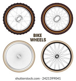 Realistic 3d retro bicycle wheels. Vintage bike rubber tyres, shiny metal spokes and rims. Fitness cycle, touring, sport, road and mountain bike. Vector illustration