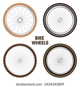 Realistic 3d retro bicycle wheels. Vintage bike rubber tyres, shiny metal spokes and rims. Fitness cycle, touring, sport, road and mountain bike. Vector illustration