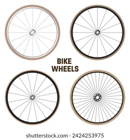 Realistic 3d retro bicycle wheels. Vintage bike rubber tyres, shiny metal spokes and rims. Fitness cycle, touring, sport, road and mountain bike. Vector illustration