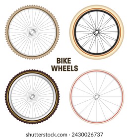 Realistic 3d retro bicycle wheels. Vintage bike rubber tyres, shiny metal spokes and rims. Fitness cycle, touring, sport, road and mountain bike. Vector illustration