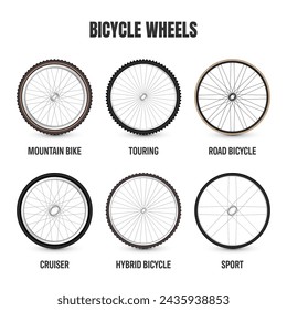 Realistic 3d retro bicycle wheels. Vintage bike rubber tyres, shiny metal spokes and rims. Fitness cycle, touring, sport, road and mountain bike. Vector illustration