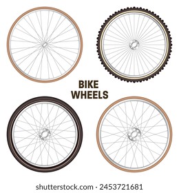 Realistic 3d retro bicycle wheels. Vintage bike rubber tyres, shiny metal spokes and rims. Fitness cycle, touring, sport, road and mountain bike. Vector illustration