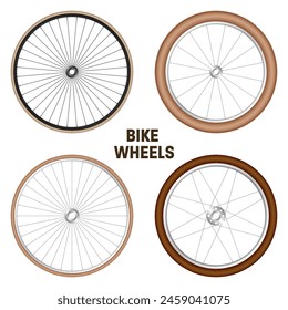 Realistic 3d retro bicycle wheels. Vintage bike rubber tyres, shiny metal spokes and rims. Fitness cycle, touring, sport, road and mountain bike. Vector illustration