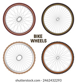 Realistic 3d retro bicycle wheels. Vintage bike rubber tyres, shiny metal spokes and rims. Fitness cycle, touring, sport, road and mountain bike. Vector illustration