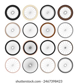 Realistic 3d retro bicycle wheels. Vintage bike rubber tyres, shiny metal spokes and rims. Fitness cycle, touring, sport, road and mountain bike. Vector illustration