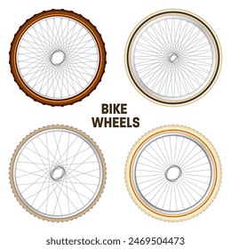 Realistic 3d retro bicycle wheels. Vintage bike rubber tyres, shiny metal spokes and rims. Fitness cycle, touring, sport, road and mountain bike. Vector illustration