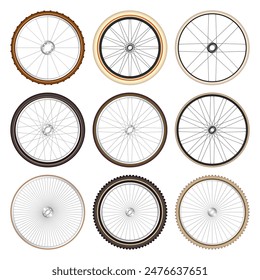 Realistic 3d retro bicycle wheels. Vintage bike rubber tyres, shiny metal spokes and rims. Fitness cycle, touring, sport, road and mountain bike. Vector illustration