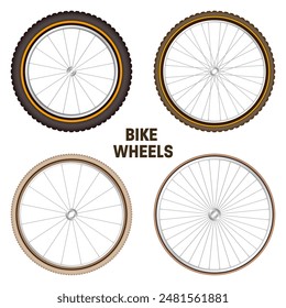 Realistic 3d retro bicycle wheels. Vintage bike rubber tyres, shiny metal spokes and rims. Fitness cycle, touring, sport, road and mountain bike. Vector illustration