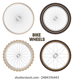 Realistic 3d retro bicycle wheels. Vintage bike rubber tyres, shiny metal spokes and rims. Fitness cycle, touring, sport, road and mountain bike. Vector illustration