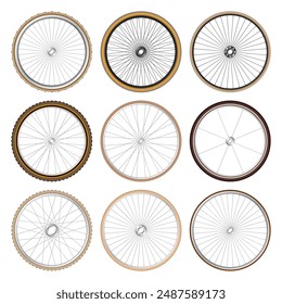 Realistic 3d retro bicycle wheels. Vintage bike rubber tyres, shiny metal spokes and rims. Fitness cycle, touring, sport, road and mountain bike. Vector illustration