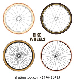 Realistic 3d retro bicycle wheels. Vintage bike rubber tyres, shiny metal spokes and rims. Fitness cycle, touring, sport, road and mountain bike. Vector illustration