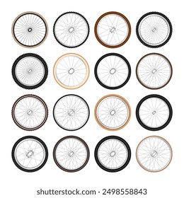 Realistic 3d retro bicycle wheels. Vintage bike rubber tyres, shiny metal spokes and rims. Fitness cycle, touring, sport, road and mountain bike. Vector illustration