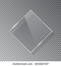 Realistic 3d rhombus glass frame isolated on grey transparent background. Creative border plate object. Square framework