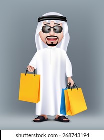 Realistic 3D Rich Saudi Arab Man Character Wearing Traditional Clothes Holding Colorful Shopping Bags with Sunglasses. Editable Vector Illustration