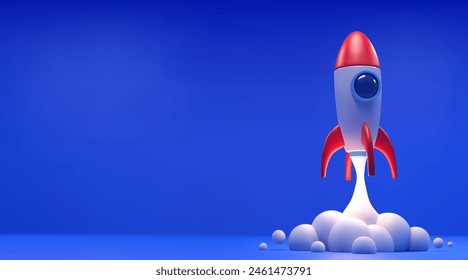 Cohete 3D realista volando en el espacio. Icono de almuerzo de cohete espacial aislado sobre fondo azul. Transbordador espacial de dibujos animados para concepto de negocio de inicio. Vector ilustración simple