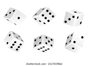 Realistic 3d rolling dice for casino gambling games set of casino craps, poker and tabletop board games Isolated white play dice cubes with black dots or pips in different positions, entertainment