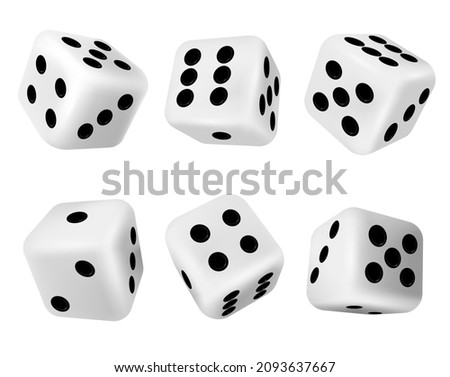 Realistic 3d rolling dice for casino gambling games. White cubes with dots. Falling poker die for random choice in craps. Dice vector set. Illustration of gambling casino dice