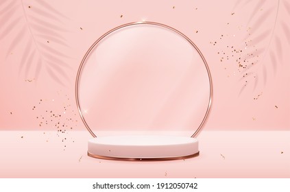 Un pedestal de oro 3d Rose realista con marco de anillo de vidrio dorado sobre fondo natural pastel rosa. Pantalla de podio vacía de moda para presentación de productos cosméticos, revista de moda. ilustración vectorial