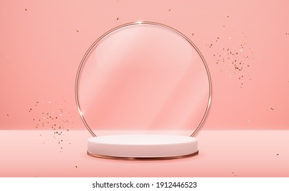 Realistic 3d Rose gold pedestal with golden glass ring frame over pink pastel natural background. Trendy empty podium display for cosmetic product presentation, fashion magazine.