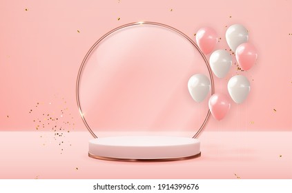 Realistic 3D Rose gold  pedestal over pink pastel natural background with party balloons. Trendy empty podium display for cosmetic product presentation, fashion magazine Copy space vector illustration