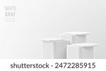 Realistic 3D round corner cube stand podium set in white, gray color scene. Vector abstract geometric platforms design. Wall minimal scene cosmetic products stage showcase, Banner promotion display.