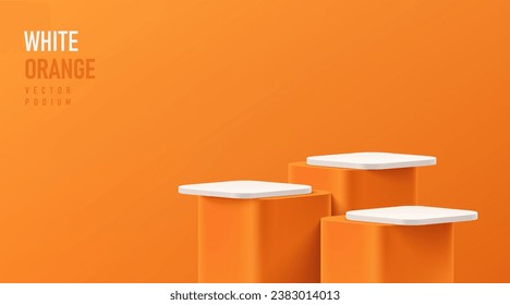 Realistic 3D round corner cube stand podium set in  white, orange color scene. Vector abstract geometric platforms design. Wall minimal scene cosmetic products stage showcase, Banner promotion display