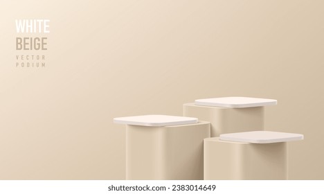 Realistic 3D round corner cube stand podium set in white, beige color scene. Vector abstract geometric platforms design. Wall minimal scene cosmetic products stage showcase, Banner promotion display.