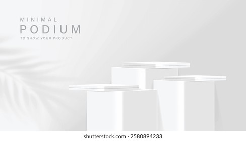 Realistic 3D round corner cube stand podium set in white, gray color scene. Vector abstract geometric platforms design. Wall minimal scene cosmetic products stage showcase, Banner promotion display.