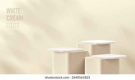 Realistic 3D round corner cube stand podium set in cream color scene. Vector abstract geometric platforms design. Wall minimalist scene cosmetic products stage for showcase, Banner promotion display.
