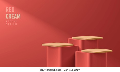 Realista 3D canto redondo cubo pé pódio definido na cena de cor vermelha. Projeto de plataformas geométricas abstratas vetoriais. Parede minimalista cena cosméticos palco produtos para vitrine, exibição de promoção Banner.
