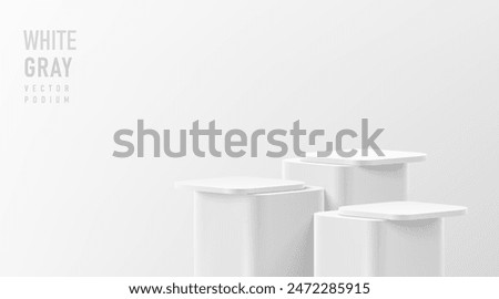 Realistic 3D round corner cube stand podium set in white, gray color scene. Vector abstract geometric platforms design. Wall minimal scene cosmetic products stage showcase, Banner promotion display.