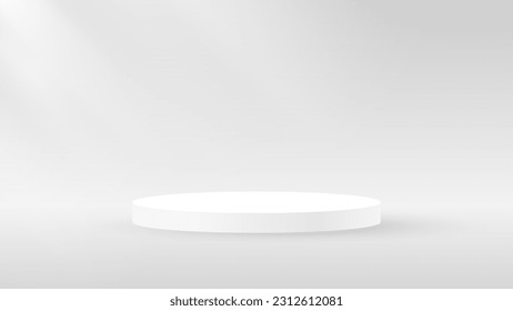 Realistic 3d round stand product podium scene on soft background. Product pedestal on soft light of a sunny day. Minimal aesthetic mockup product stage display concept. Vector illustration