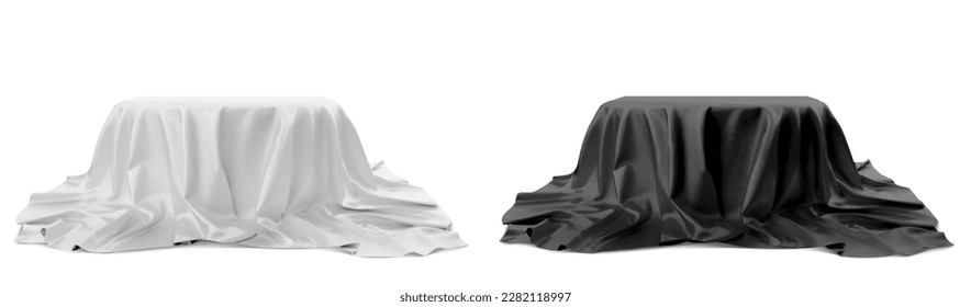 Realistic 3d round white and black product podium display covered fabric drapery folds isolated on white background. Vector illustration