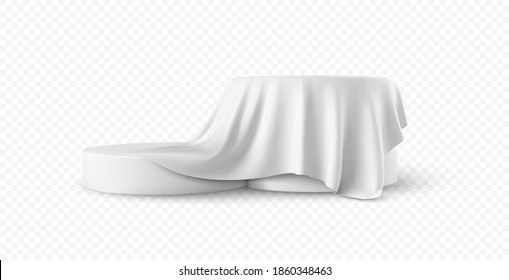 Realistic 3d round white product podium display covered fabric drapery folds isolated on white background. Vector illustration EPS10