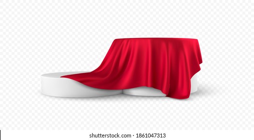 Realistic 3d round white product podium display covered red fabric drapery folds isolated on white background. Vector illustration EPS10