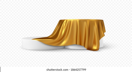 Realistic 3d round white product podium display covered golden fabric drapery folds isolated on white background. Vector illustration EPS10