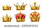 Realistic 3D royal crown. Golden kingdom jewels for king and queen, gold trophy crowns vector illustration set of golden crown for king