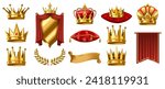 Realistic 3D royal elements. Golden crown on red pillow, crowned shield and gold laurel wreath vector illustration set of gold crown, golden king royal illustration