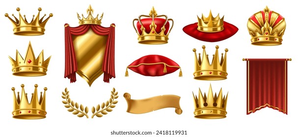 Realistic 3D royal elements. Golden crown on red pillow, crowned shield and gold laurel wreath vector illustration set of gold crown, golden king royal illustration