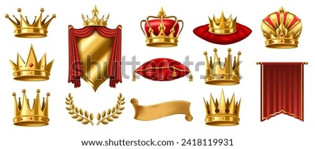 Realistic 3D royal elements. Golden crown on red pillow, crowned shield and gold laurel wreath vector illustration set of gold crown, golden king royal illustration