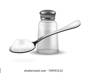 Realistic 3d salt shaker and spoon with salt. Isolated on white background. Glass jar for spices. Ingredients for cooking concept. Vector illustration