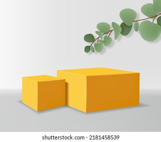 Realistic 3d scene for cosmetics, eucalyptus leaves and stand vector, geometric form banner, modern scene for product, plant and geometric form