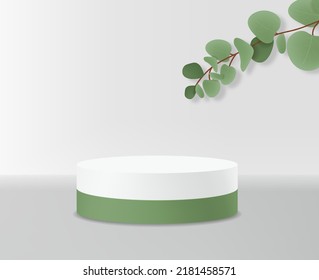 Realistic 3d scene for cosmetics, eucalyptus leaves and stand vector, geometric form banner, modern scene for product, plant and geometric form