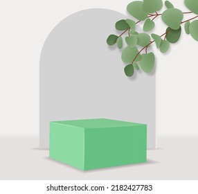 Realistic 3d scene for cosmetics, eucalyptus leaves and stand vector, geometric form banner, modern scene for product, plant and geometric form